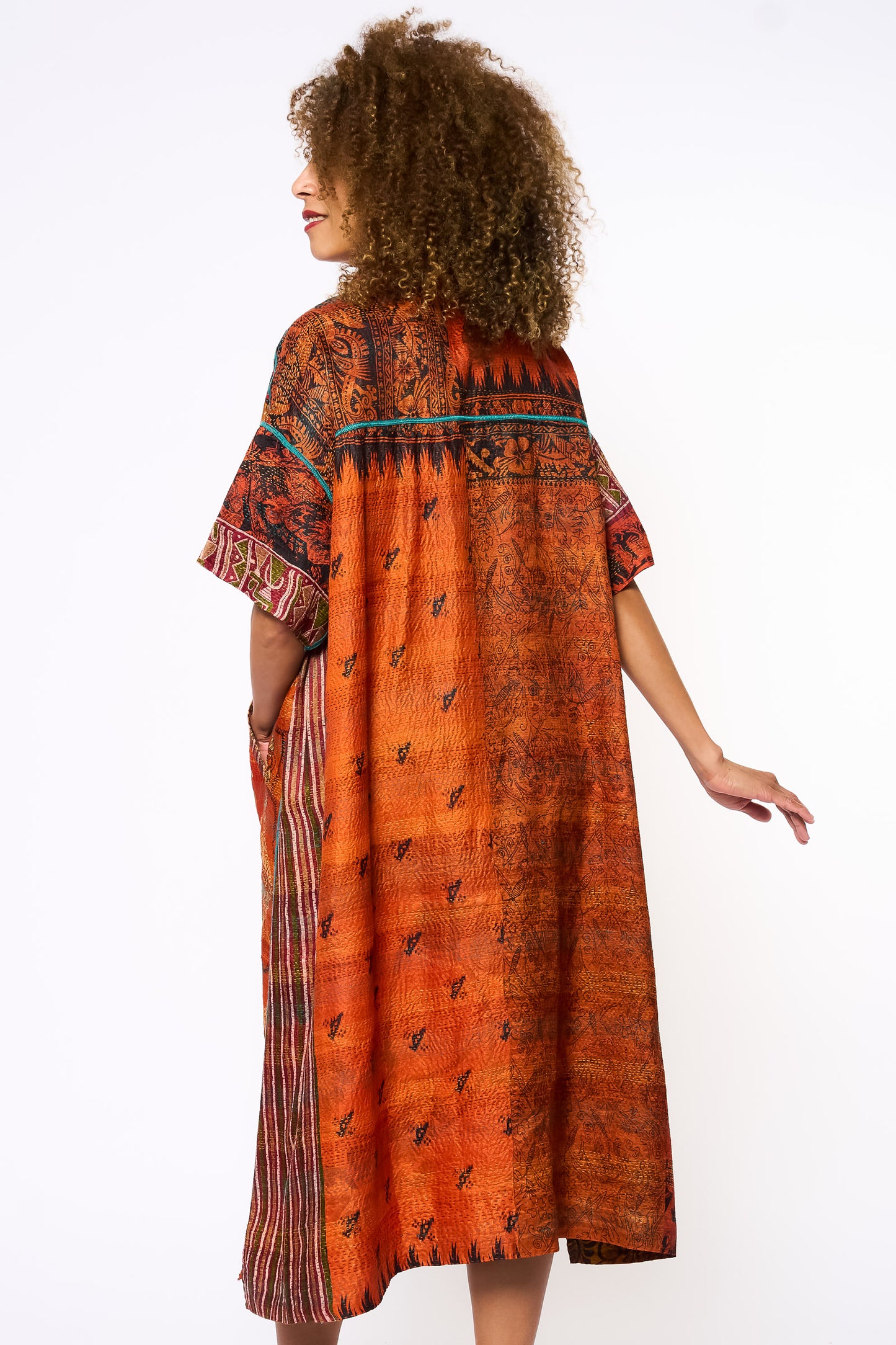 VINTAGE SILK KANTHA WING COLLAR DRESS - sv2454-0002a -