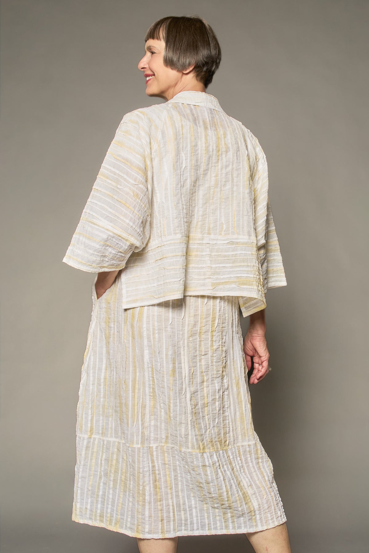 DOUBLE TIE DYE RIPPLE TUCK V-NECK SCULPTED DRESS - trw1473-ivy -