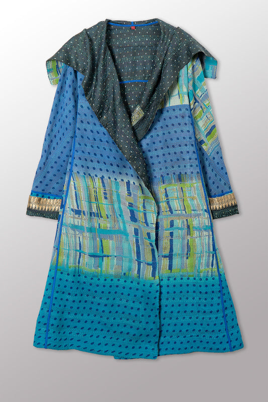 VINTAGE SILK GEORGETTE KANTHA A-LINE LONG COAT - sg2302-0002a -