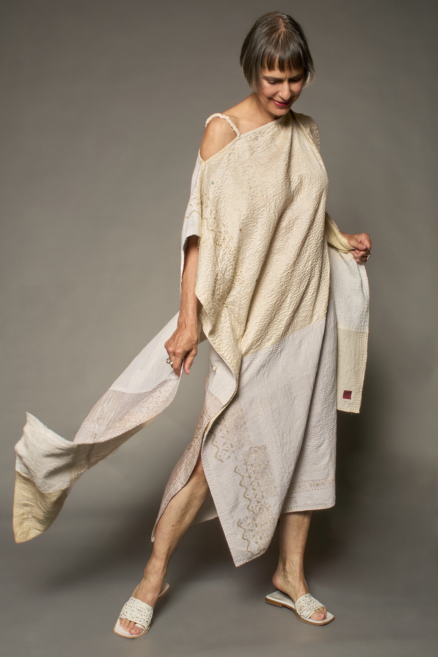 HALF SILK PATCH KANTHA ASYMMETRIC TUBE DRESS - hs2472-ivy -