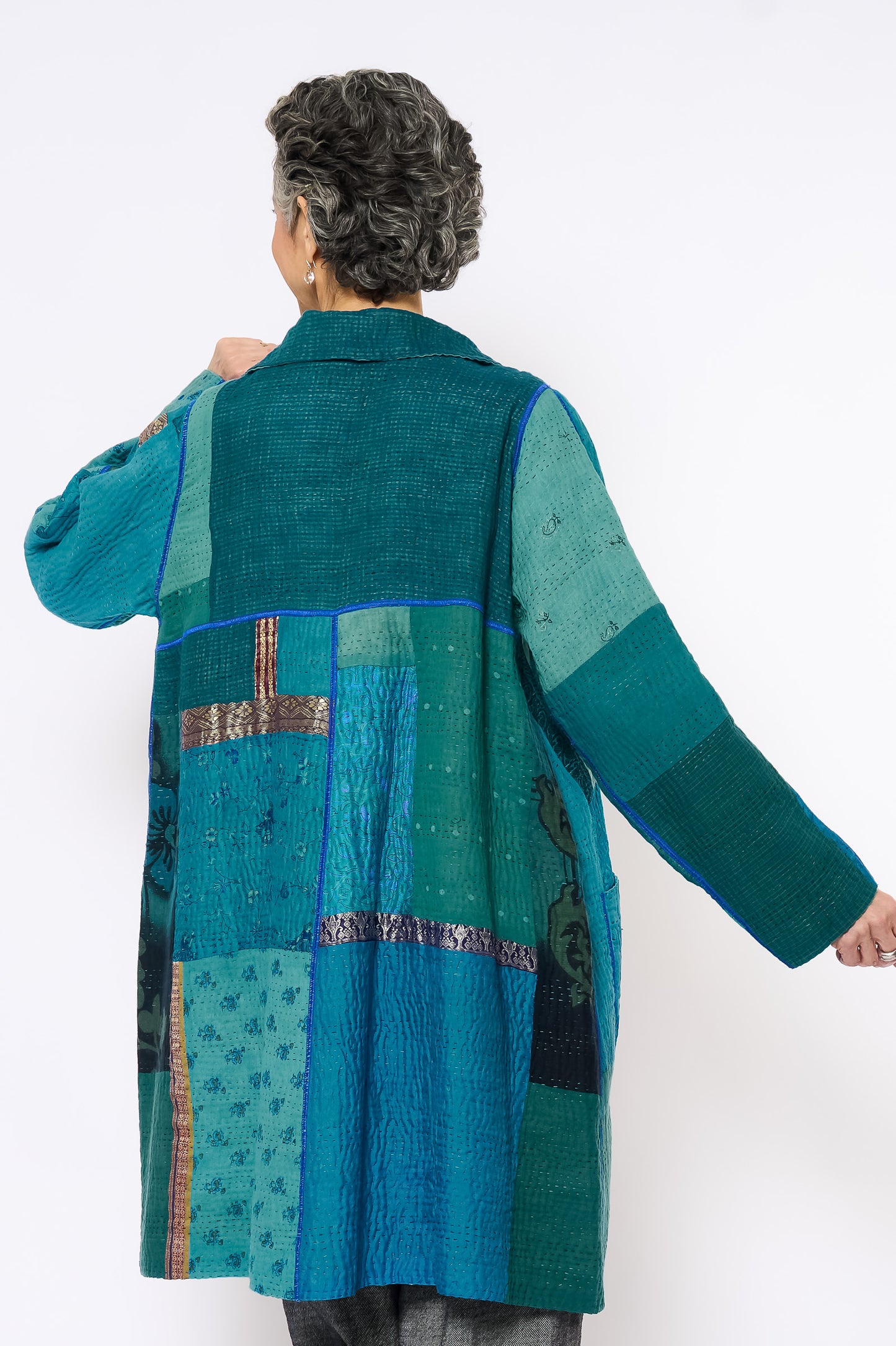 COTTON SILK SW PATCH KANTHA A-LINE DUSTER - ws4311-tuq -