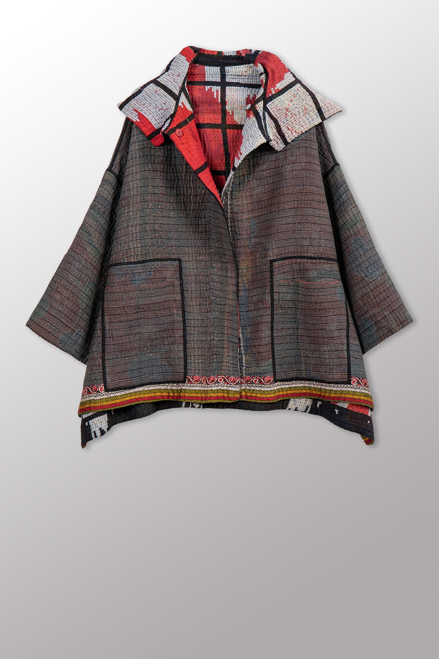 VINTAGE COTTON KANTHA HOODIE PONCHO - cv4064-0046a -