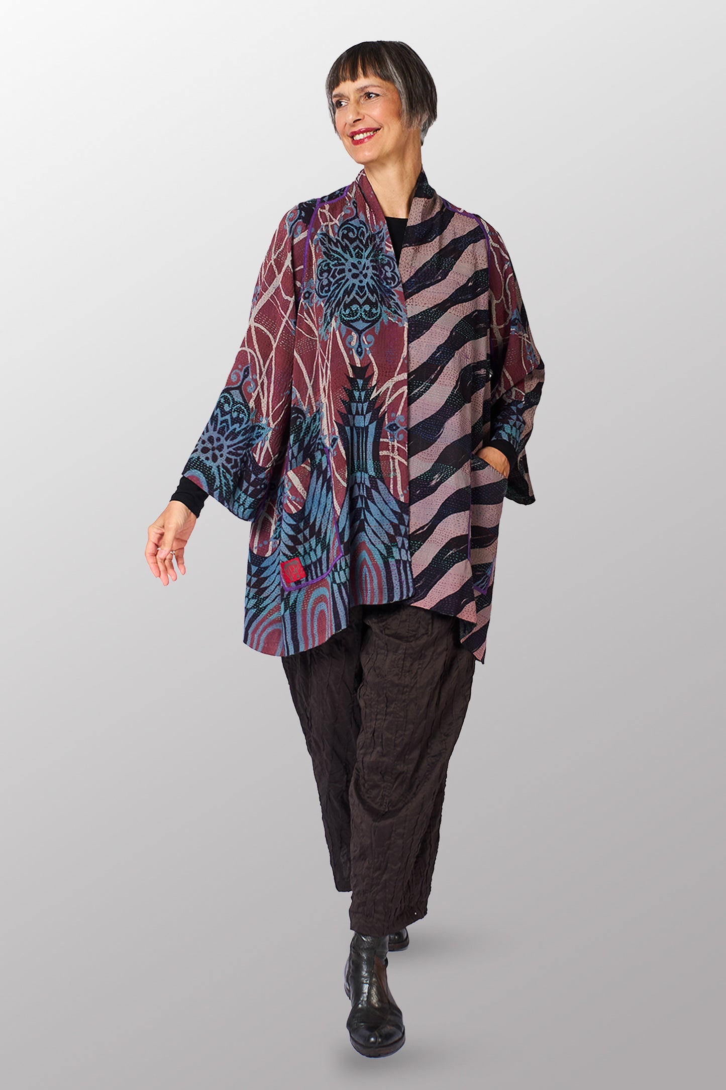 VINTAGE SILK GEORGETTE KANTHA A-LINE JKT - sg2003-0012a -