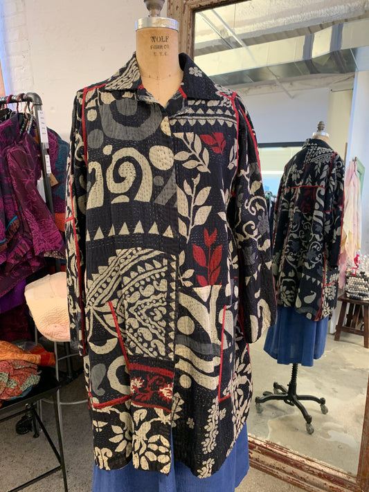 BLACK AND WHITE PRINT PATCH KANTHA A-LINE DUSTER - pn4311-blk -
