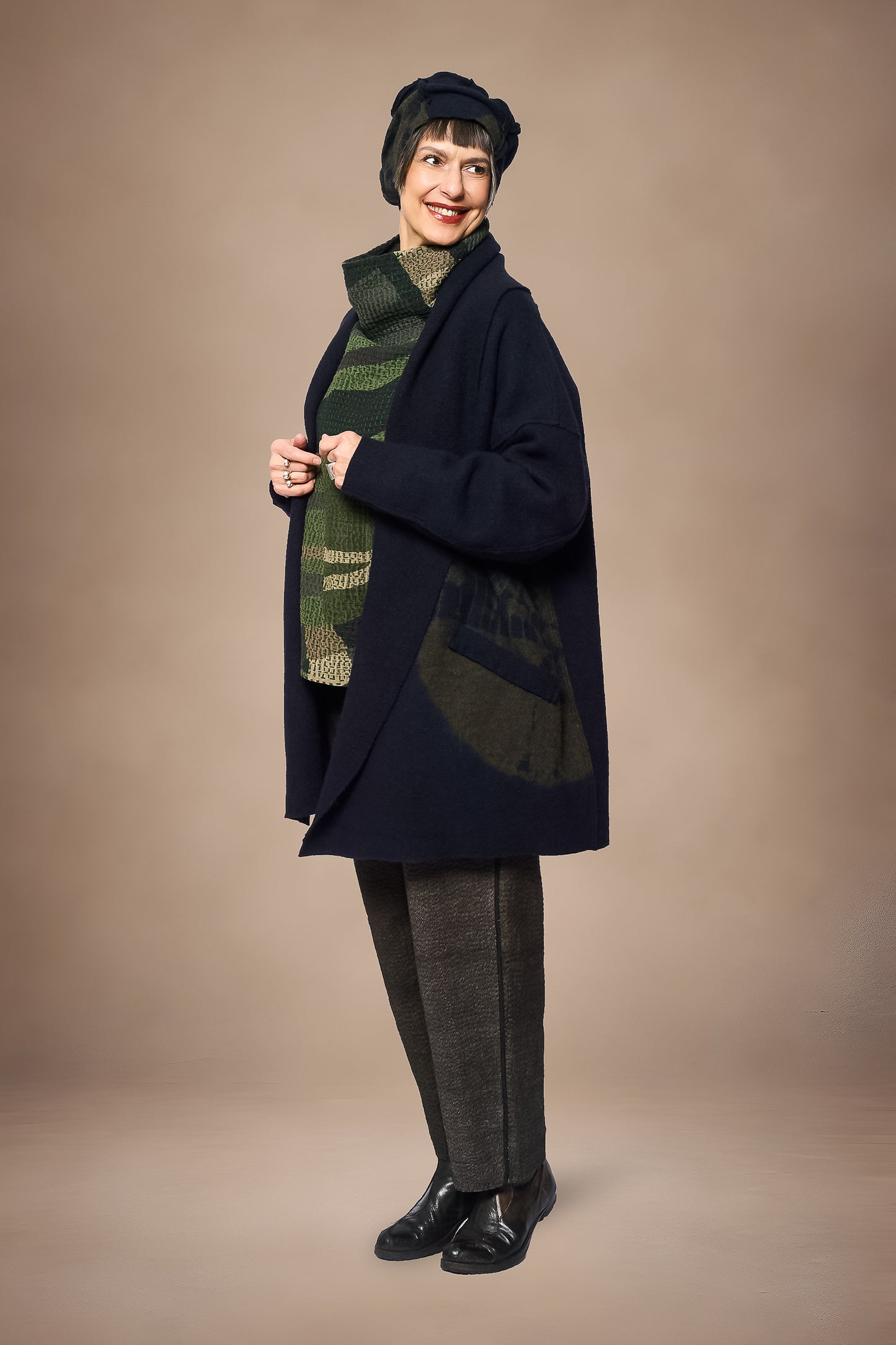 CIRCLE TIE DYE BOILED WOOL NEW SHAWL COAT - tw1361-nvy -