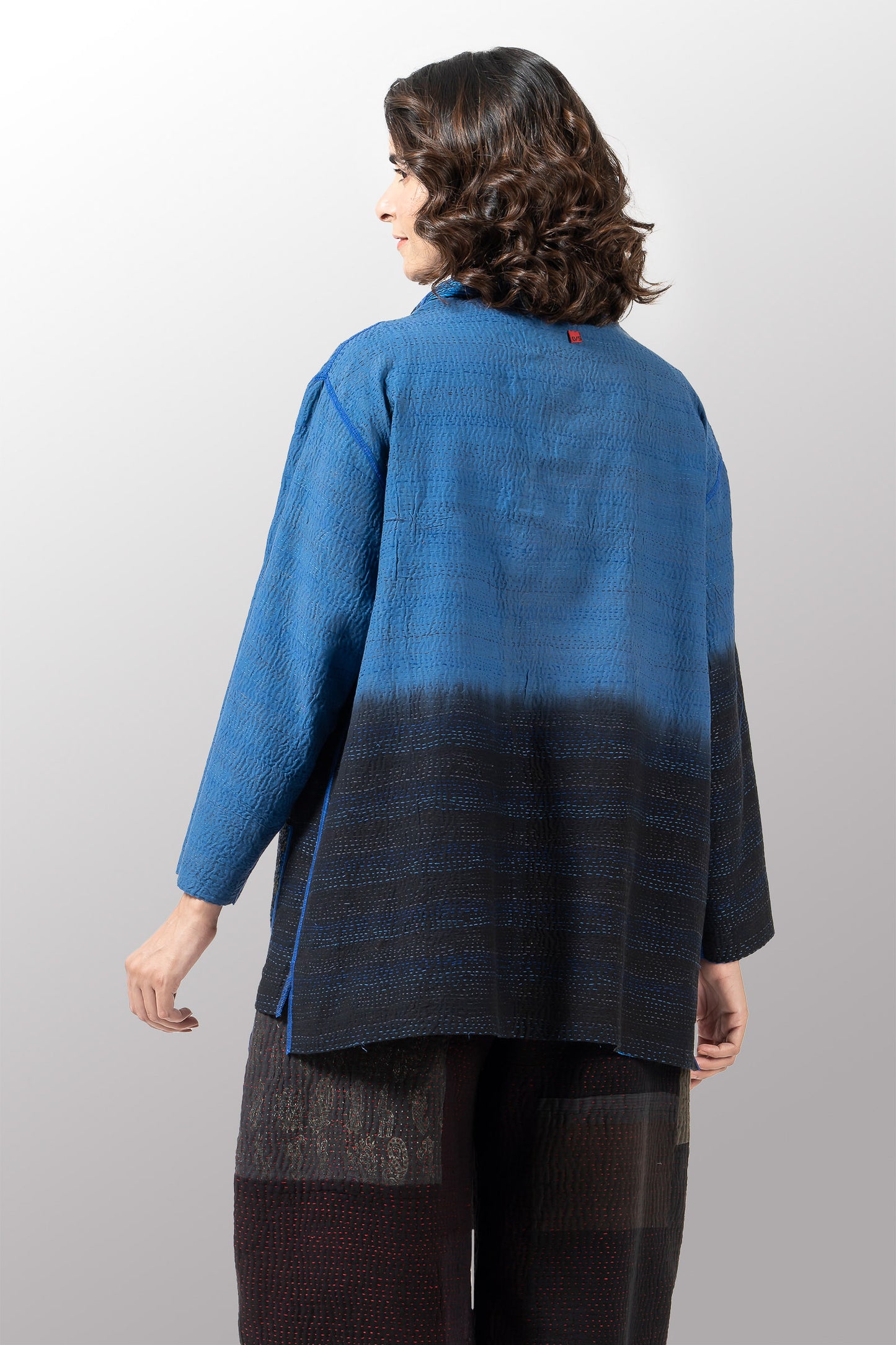 SILK COTTON OMBRE PRINT KANTHA STAND COLLAR TUNIC - os2509-blu -