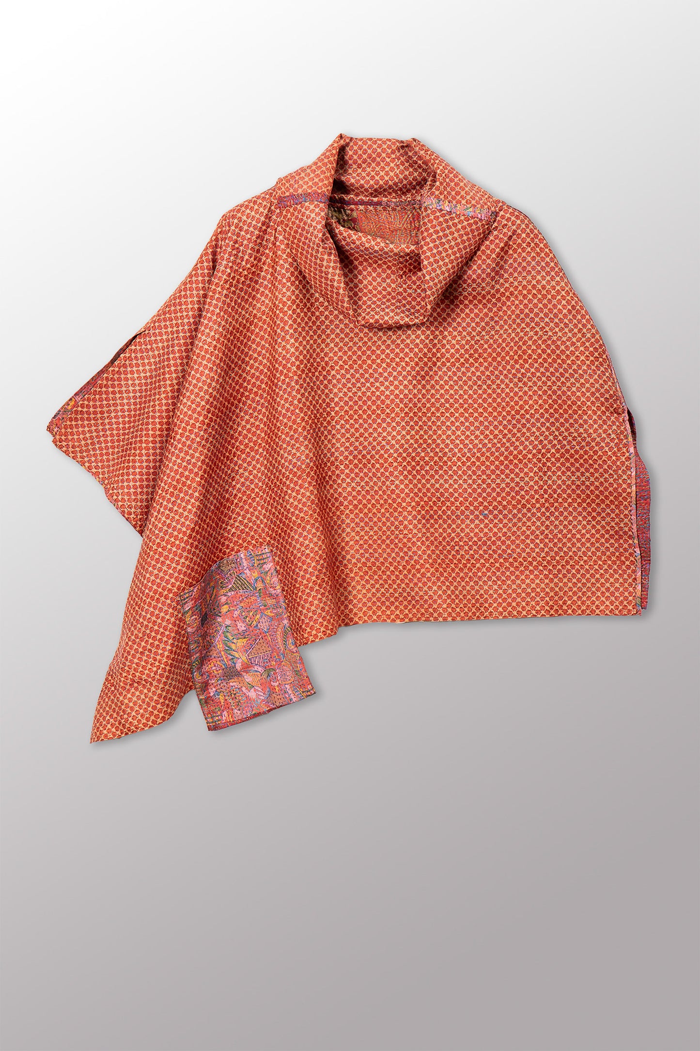 VINTAGE SILK KANTHA COWL NECK LONG CAPE - sv2842-0014a -