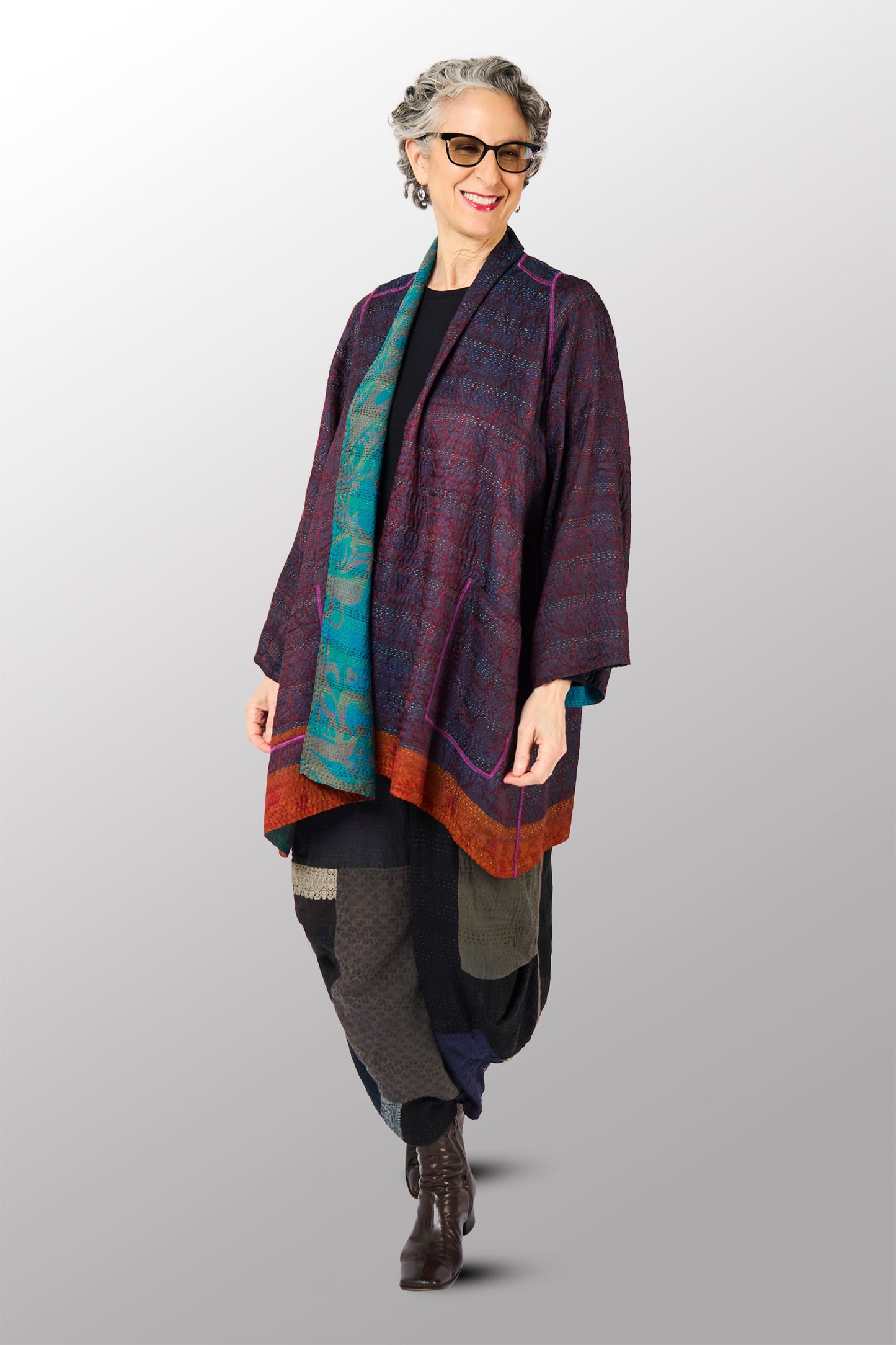 GEORGETTE JACQUARD VINTAGE SILK PATCH KANTHA A-LINE JACKET - gj2003-0001a -