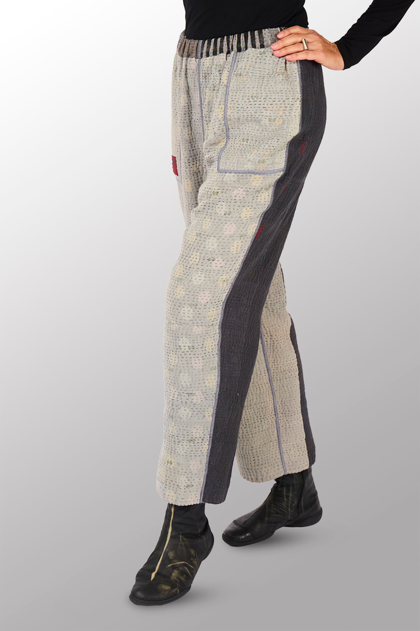 FRAYED PATCH KANTHA  WITH STAMP STRAIGHT PANTS - sp-fi4664-gry -