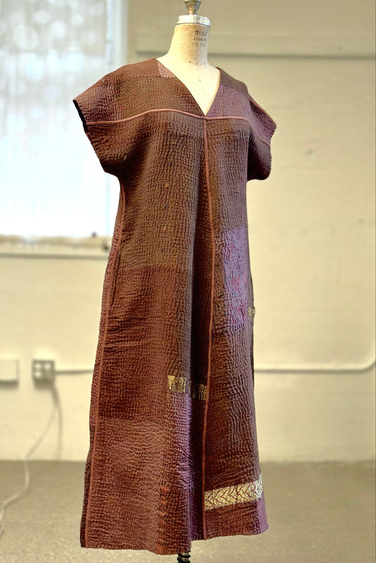 COTTON SILK SW PATCH KANTHA SEMI BIAS V-NECK DRESS (470) - ws4470-brn -