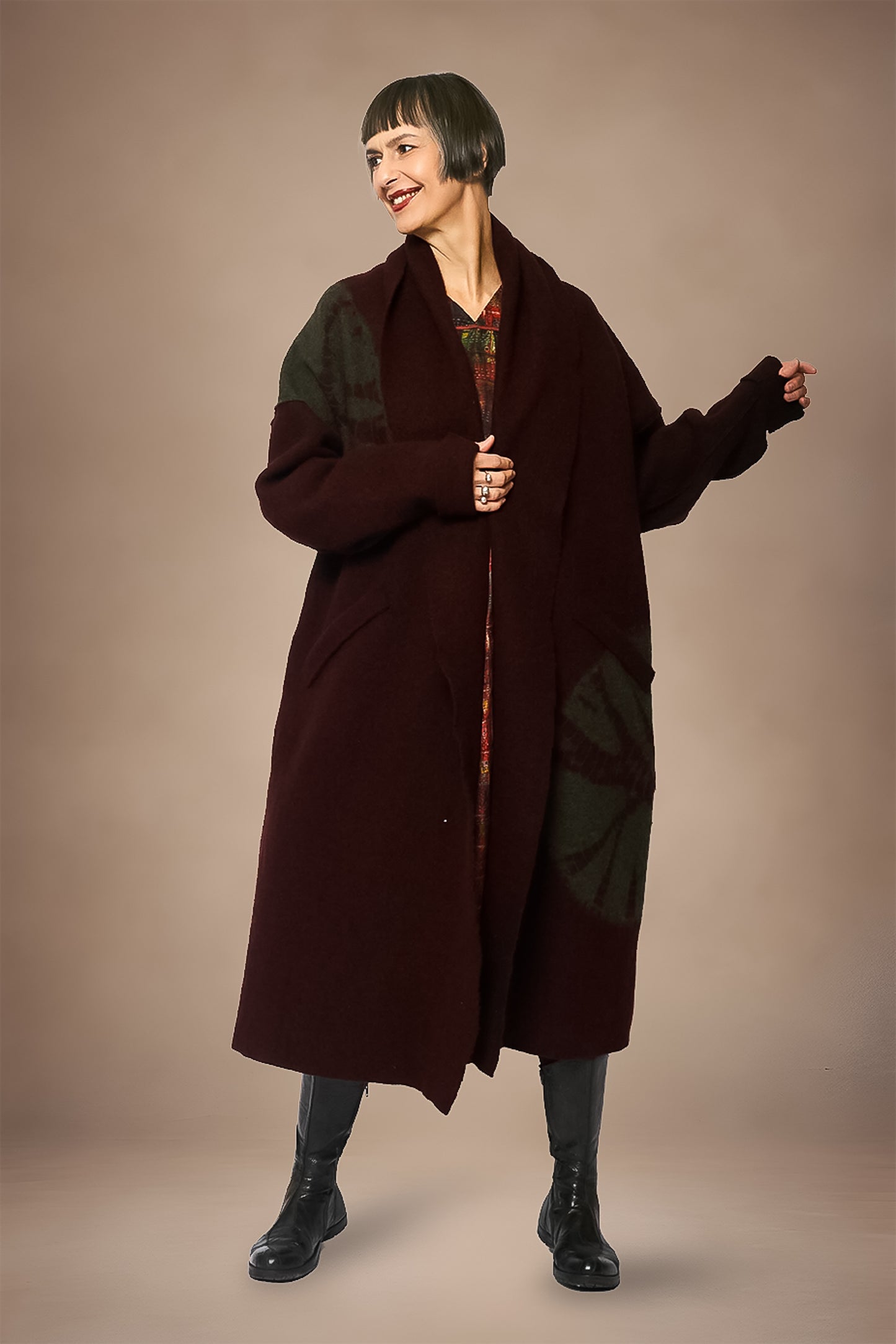 CIRCLE TIE DYE BOILED WOOL NEW SHAWL COAT LONG - tw1362-brn -