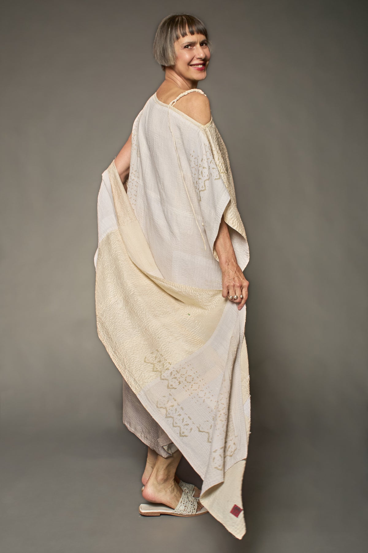 HALF SILK PATCH KANTHA ASYMMETRIC TUBE DRESS - hs2472-ivy -
