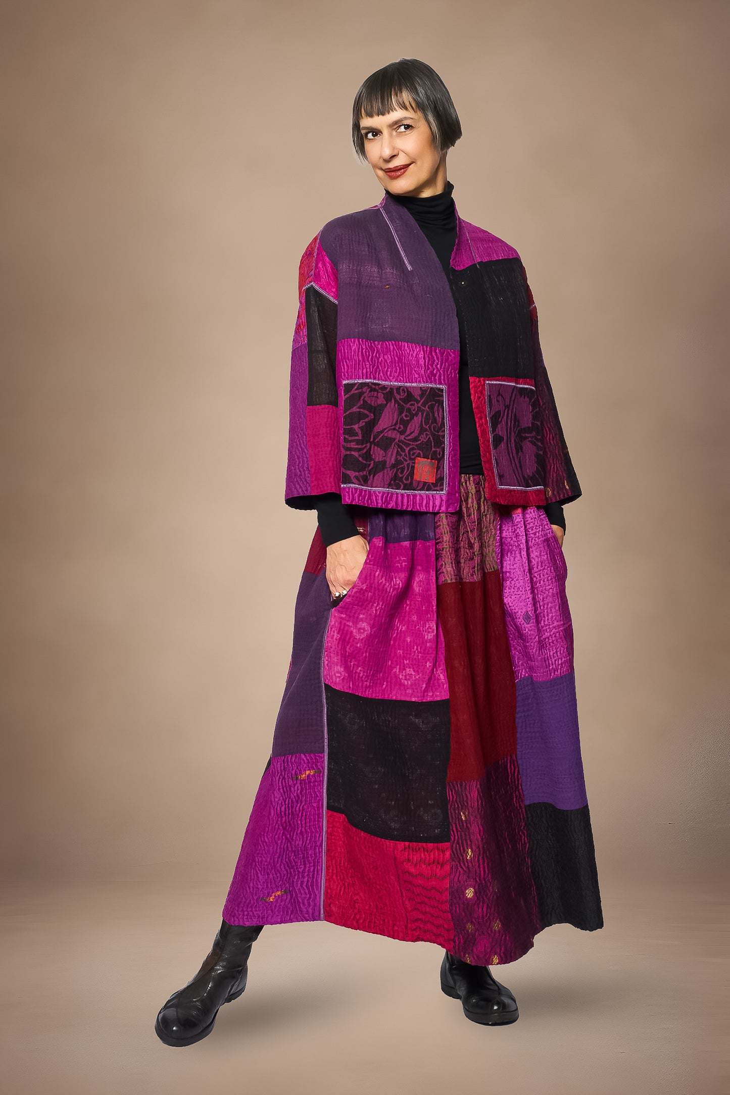 AMETHYST COTTON SILK KANTHA STAND COLLAR CROPPED JACKET - oc4034-prp -