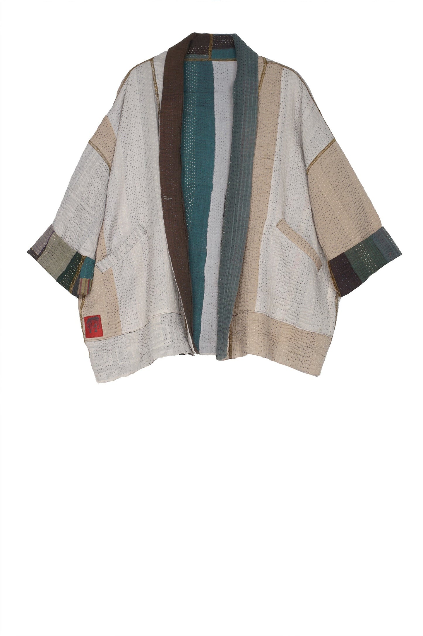 COTTON STRIPE PATCH KANTHA BIG POCKET JACKET - cs4057-grn -