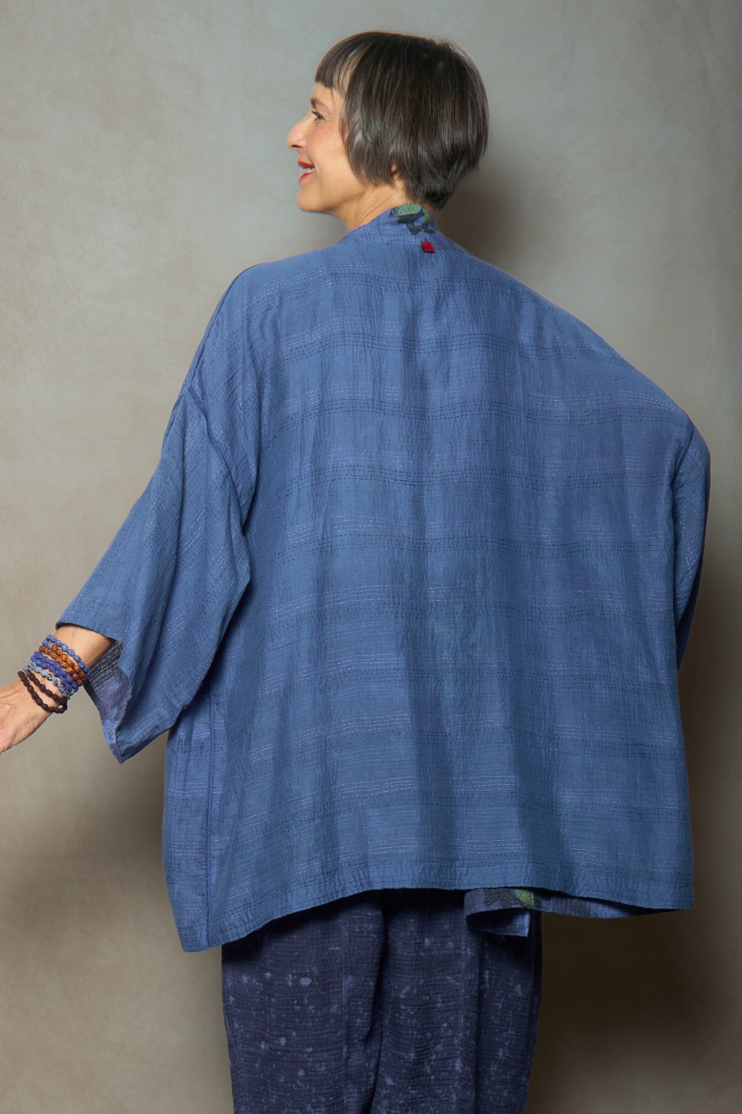 CLOUD TIE DYE FLORAL KANTHA KIMONO COLLAR JACKET - uf2j108-blu -