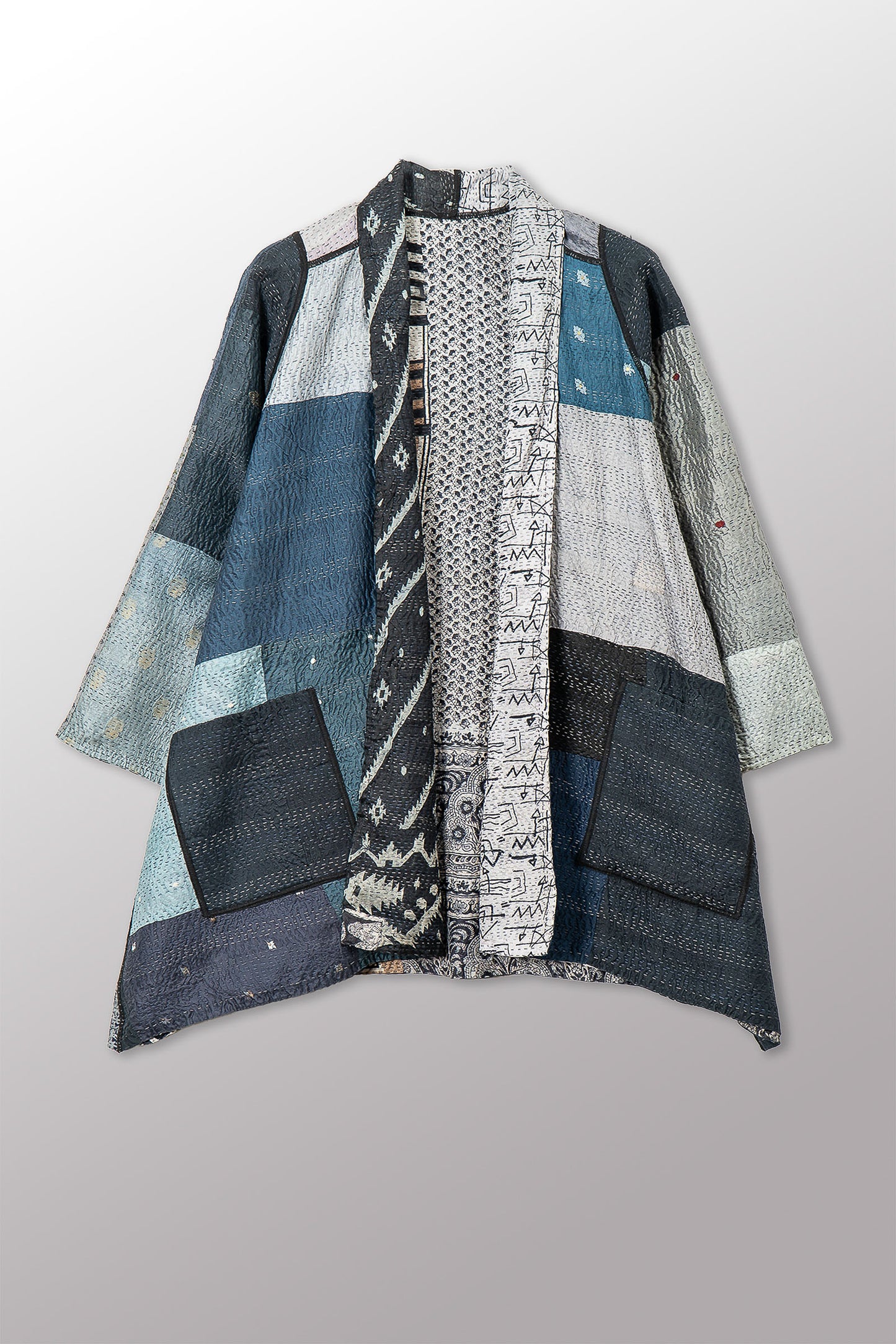 VINTAGE SILK PATCH KANTHA A-LINE JKT - vp2003-blk -