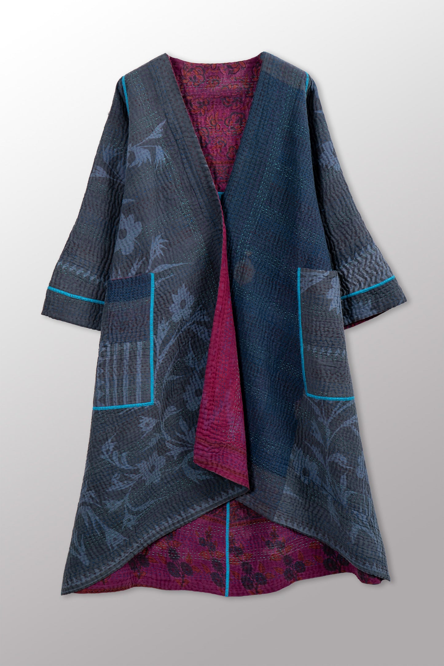 COTTON OVERDYE KANTHA WRAP FLARE COAT - ov4330-cfus002a -