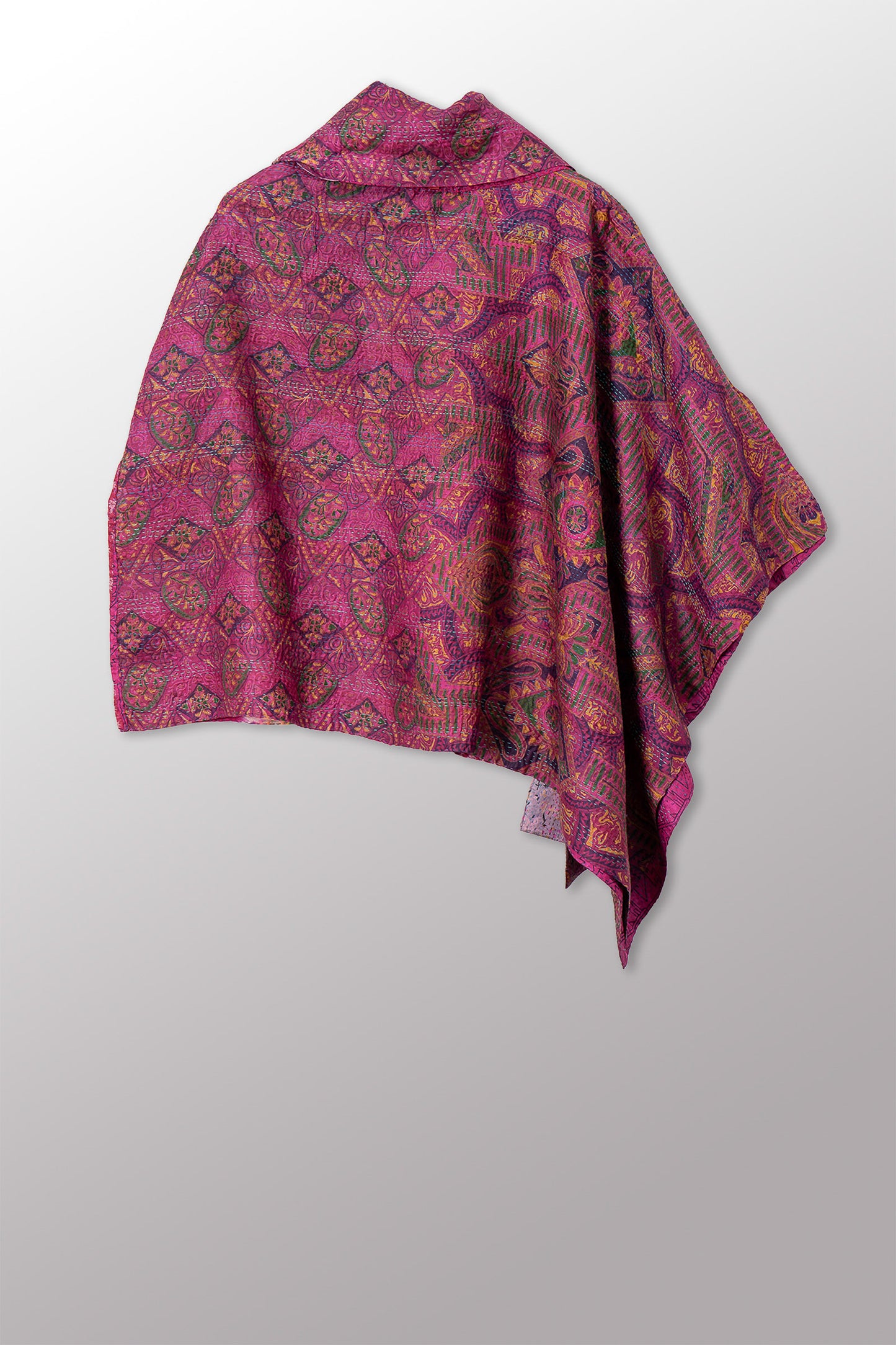 VINTAGE SILK KANTHA COWL NECK LONG CAPE - sv2842-0025a -