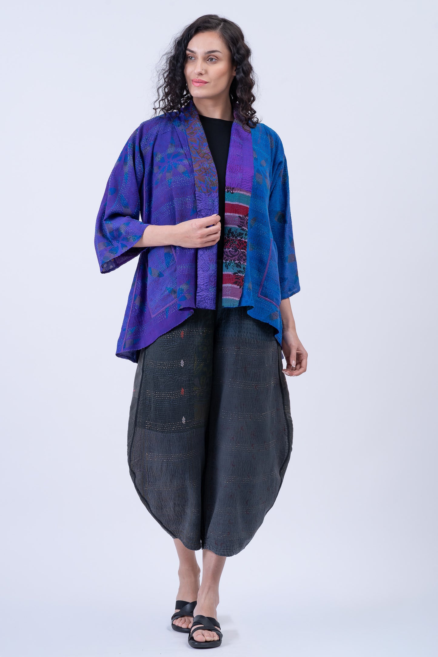 GEORGETTE VINTAGE SILK PATCH KANTHA KIMONO JACKET - gs2004-prp -