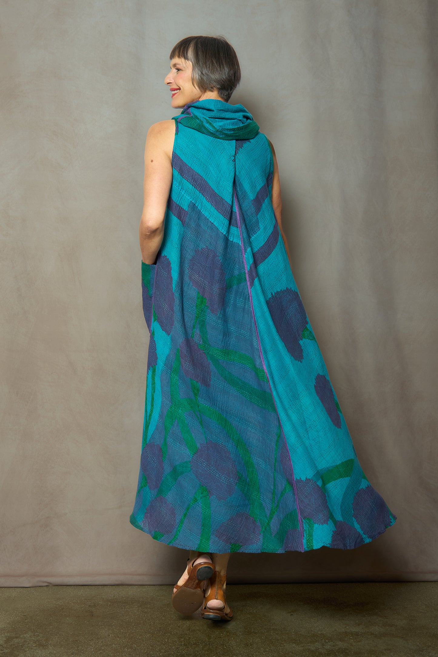 MARIGOLD PRINT WITH OVERDYE KANTHA COWL NECK MAXI DRESS - ov-mg2438-tuq -
