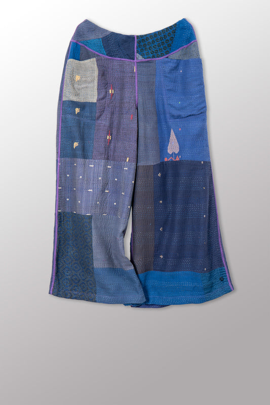 BROCADE PATCHED KANTHA MID RISE WIDE LEG PANTS - bp2665-blu -