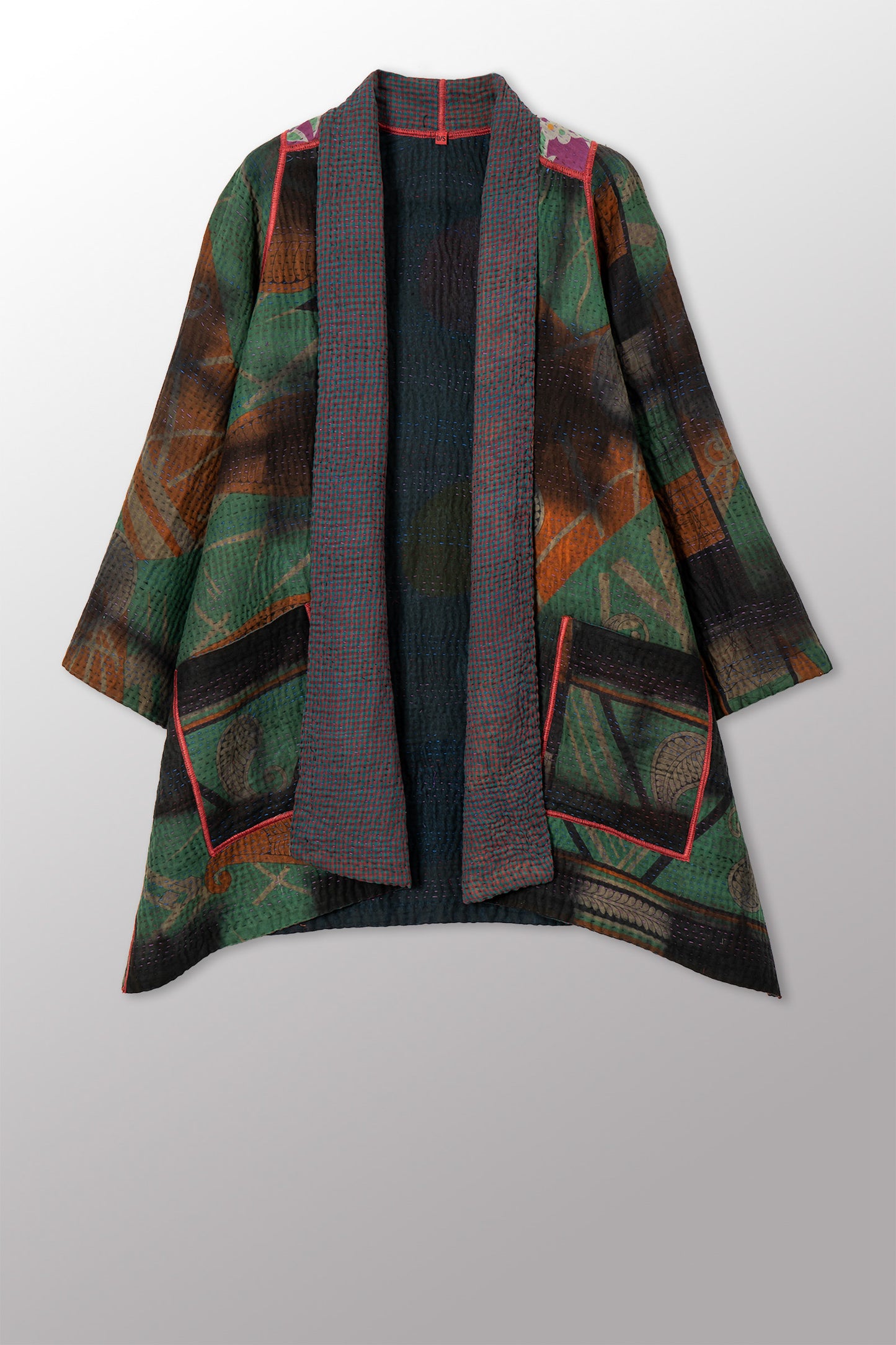 VINTAGE COTTON GREY CLAMP TIE DYE KANTHA A-LINE JACKET - su4003-0004a -
