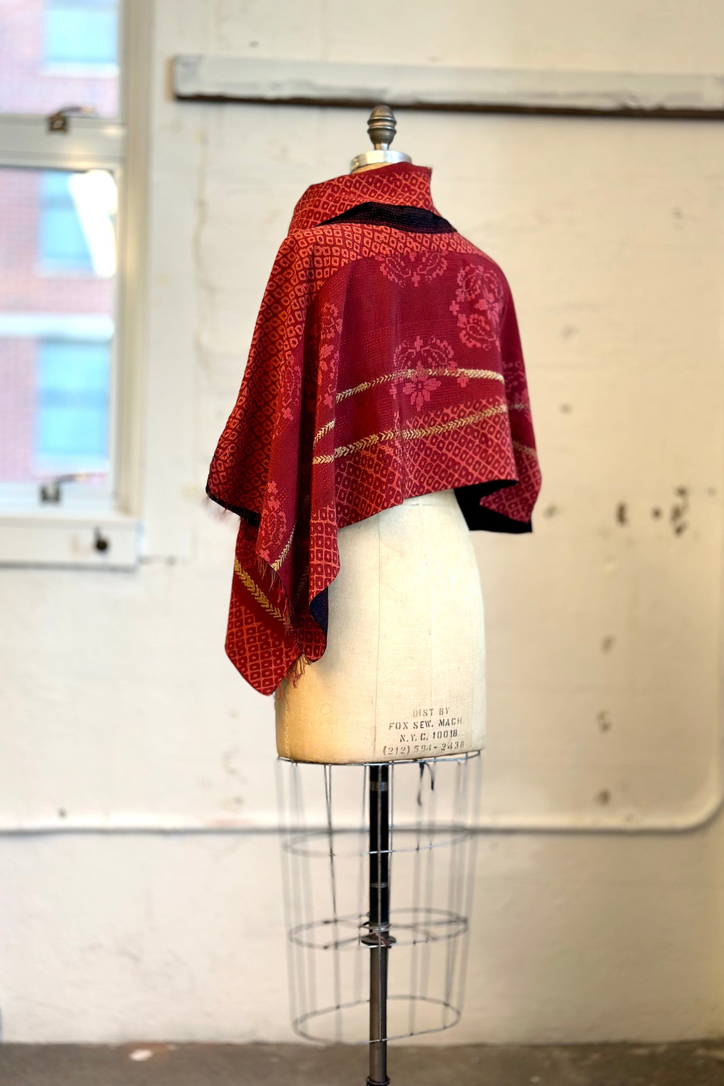 KIMONO PRINT KANTHA COWL NECK CAPE - kp2807-red -