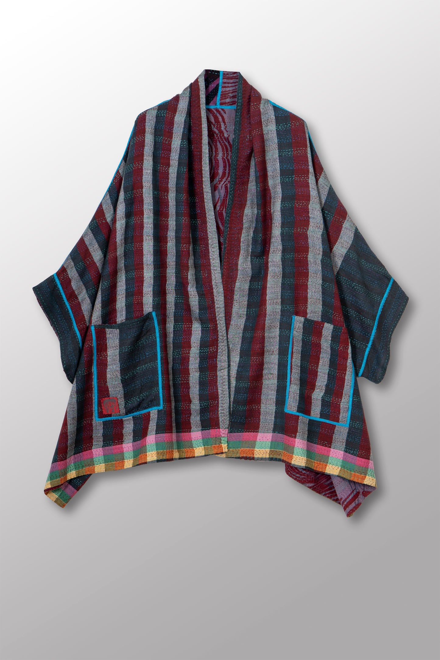 VINTAGE SILK GEORGETTE COTTON KANTHA DOUBLE COLLAR PONCHO - gc2323-0003a -