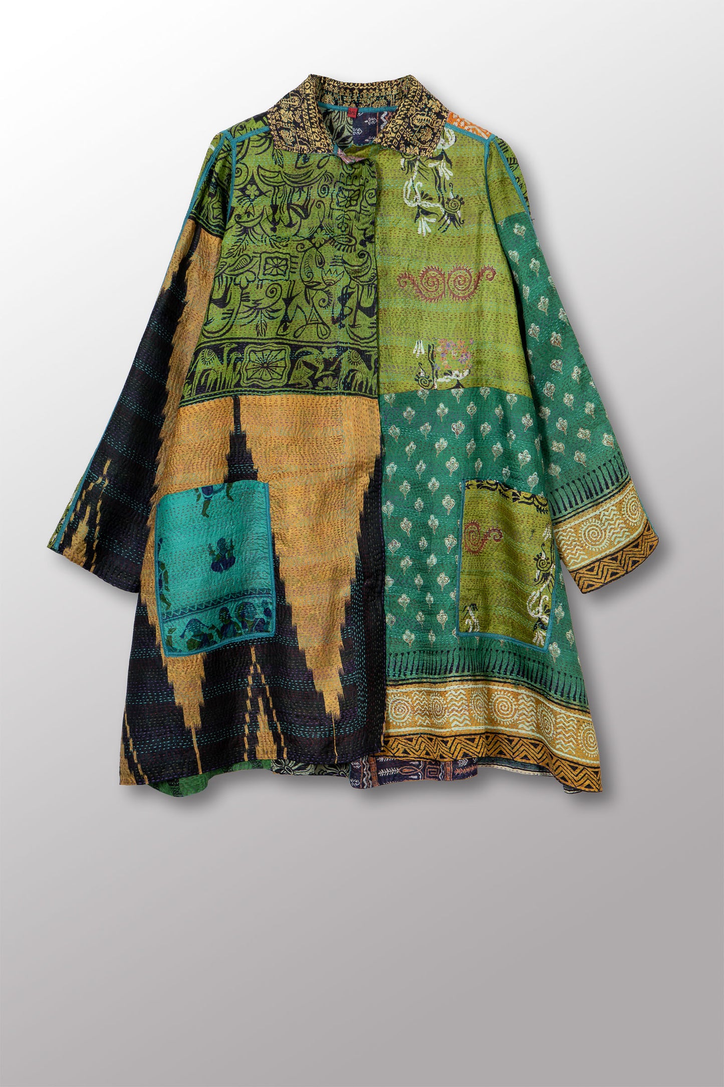 VINTAGE SILK KANTHA A-LINE DUSTER - sv2311-0011a -