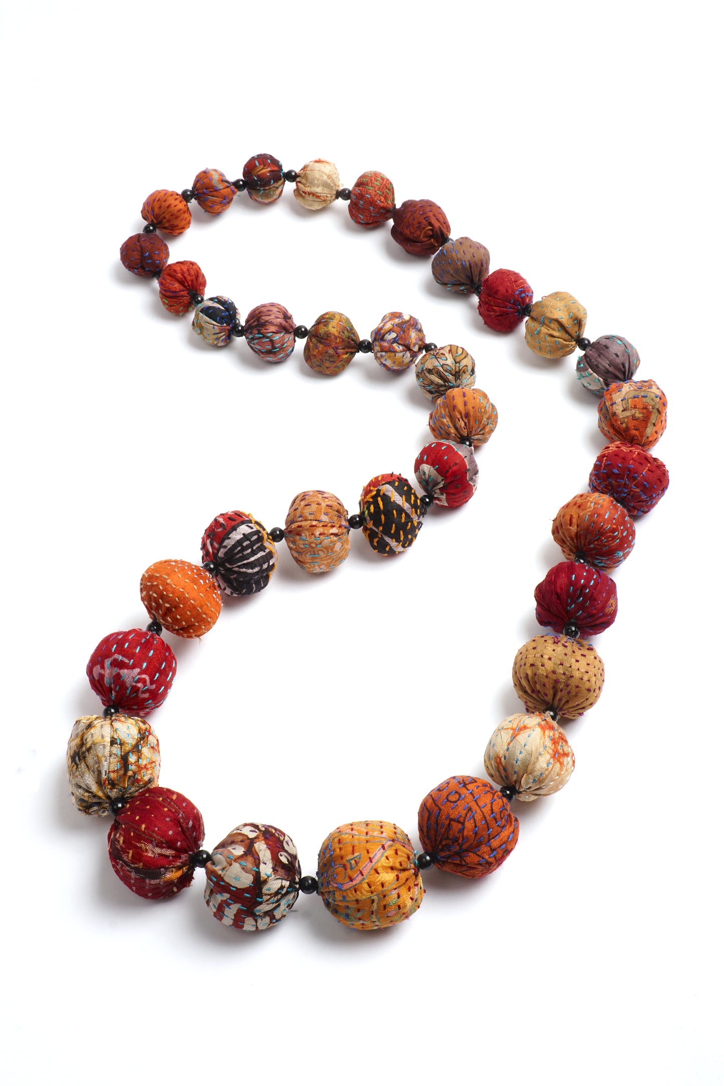 VINTAGE SILK KANTHA NUTS LONG NECKLACE - sv2702-brn -