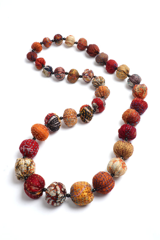 VINTAGE SILK KANTHA NUTS LONG NECKLACE - sv2702-brn -