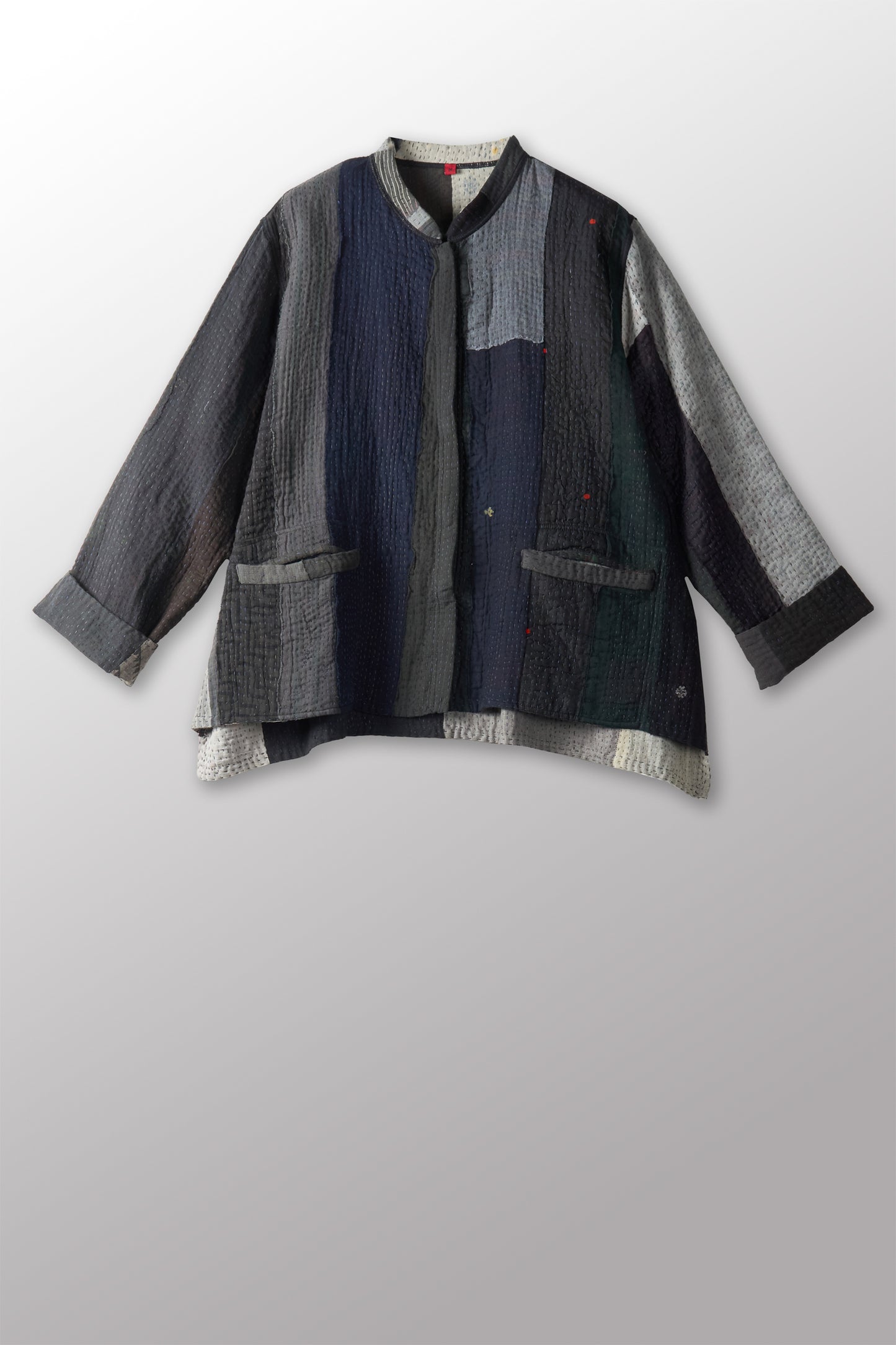 STRIPE AND CHECK COTTON SILK PATCH KANTHA KAFTAN JACKET SHORT - ss4088-blk -