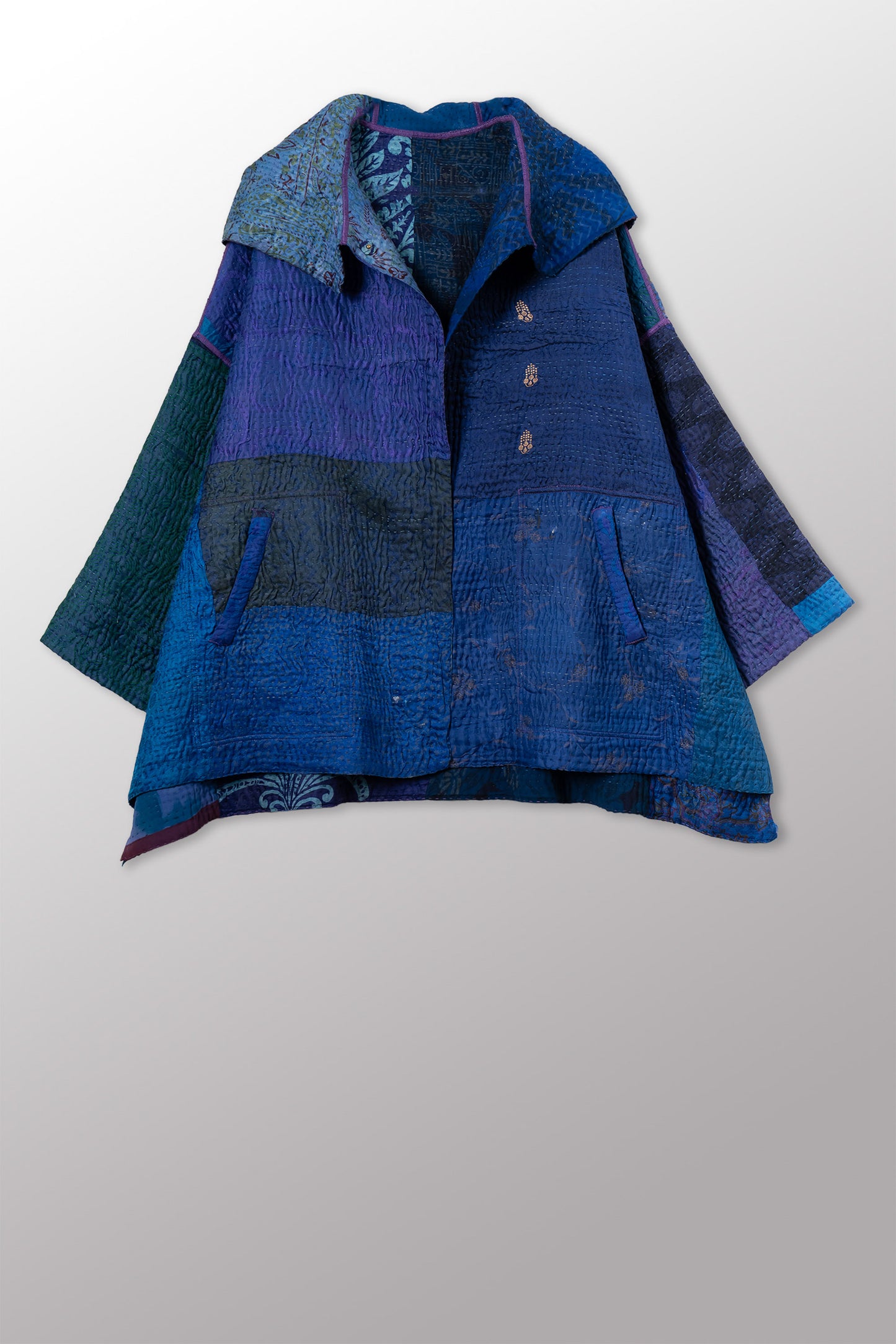JACQUARD SILK KANTHA HOODIE PONCHO - js4064-cnvy001a -