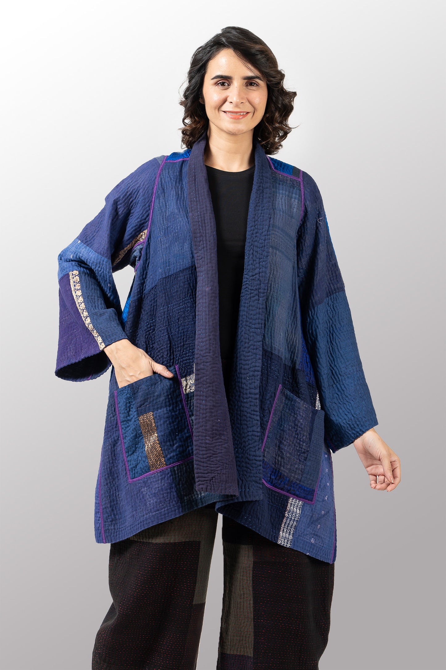 COTTON SILK SW PATCH KANTHA A-LINE JKT - ws4003-nvy -