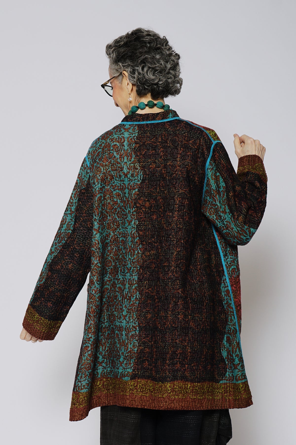 BAGH PRINT KANTHA KAFTAN JACKET MEDIUM - bg4089-brn -