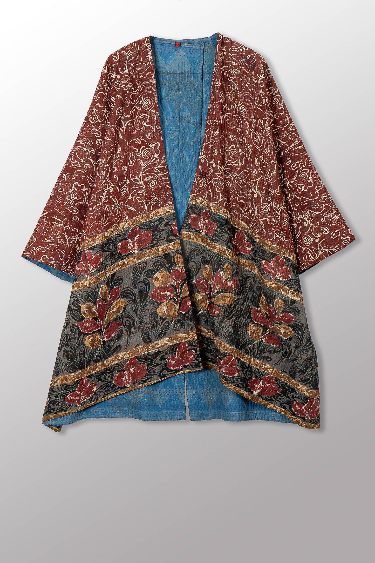 VINTAGE SILK GEORGETTE COTTON KANTHA KIMONO DUSTER - gc4317-0001a -