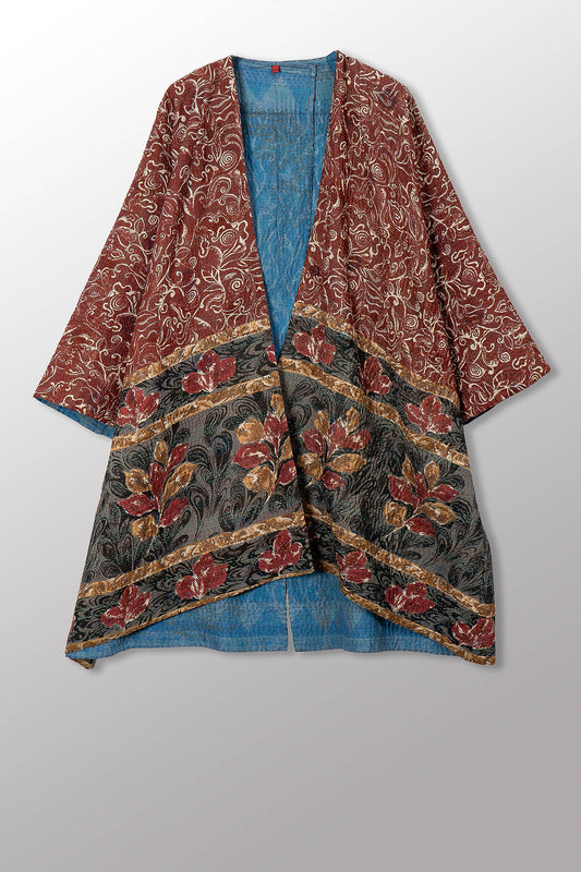 VINTAGE SILK GEORGETTE COTTON KANTHA KIMONO DUSTER - gc4317-0001a -