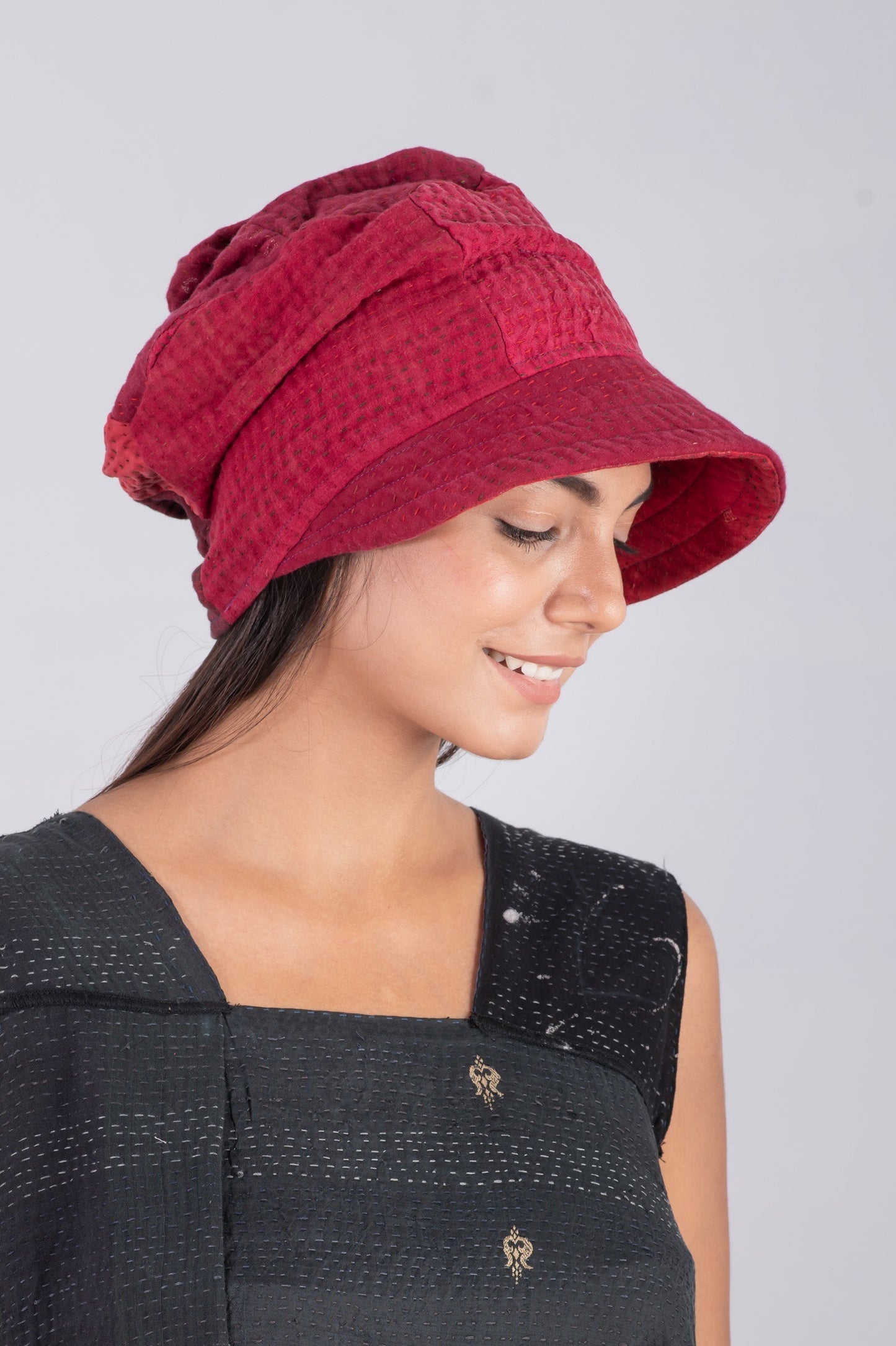JAIPUR PATCH KANTHA HALF BRIM HAT - jp4881-red -