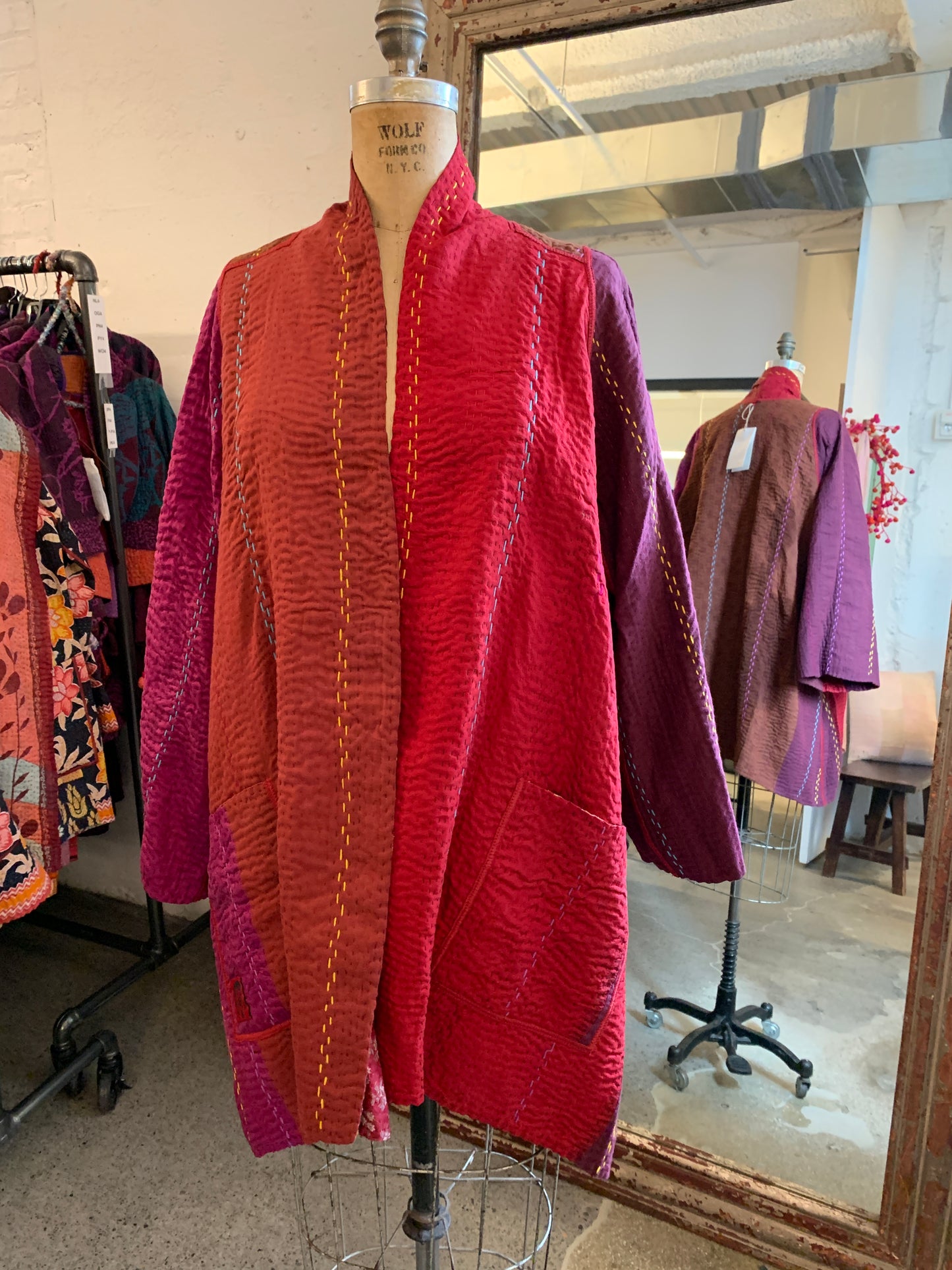 JEWEL WOVEN WITH VERTICAL PATCH KANTHA A-LINE JACKET - jv4003-red -