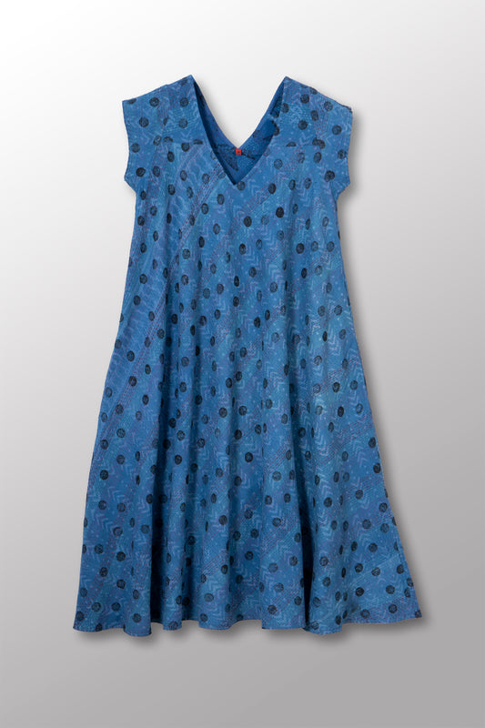 VINTAGE COTTON & NEW VOILE KANTHA CAP SLV. FLARE DRESS - cn2425-0006m -