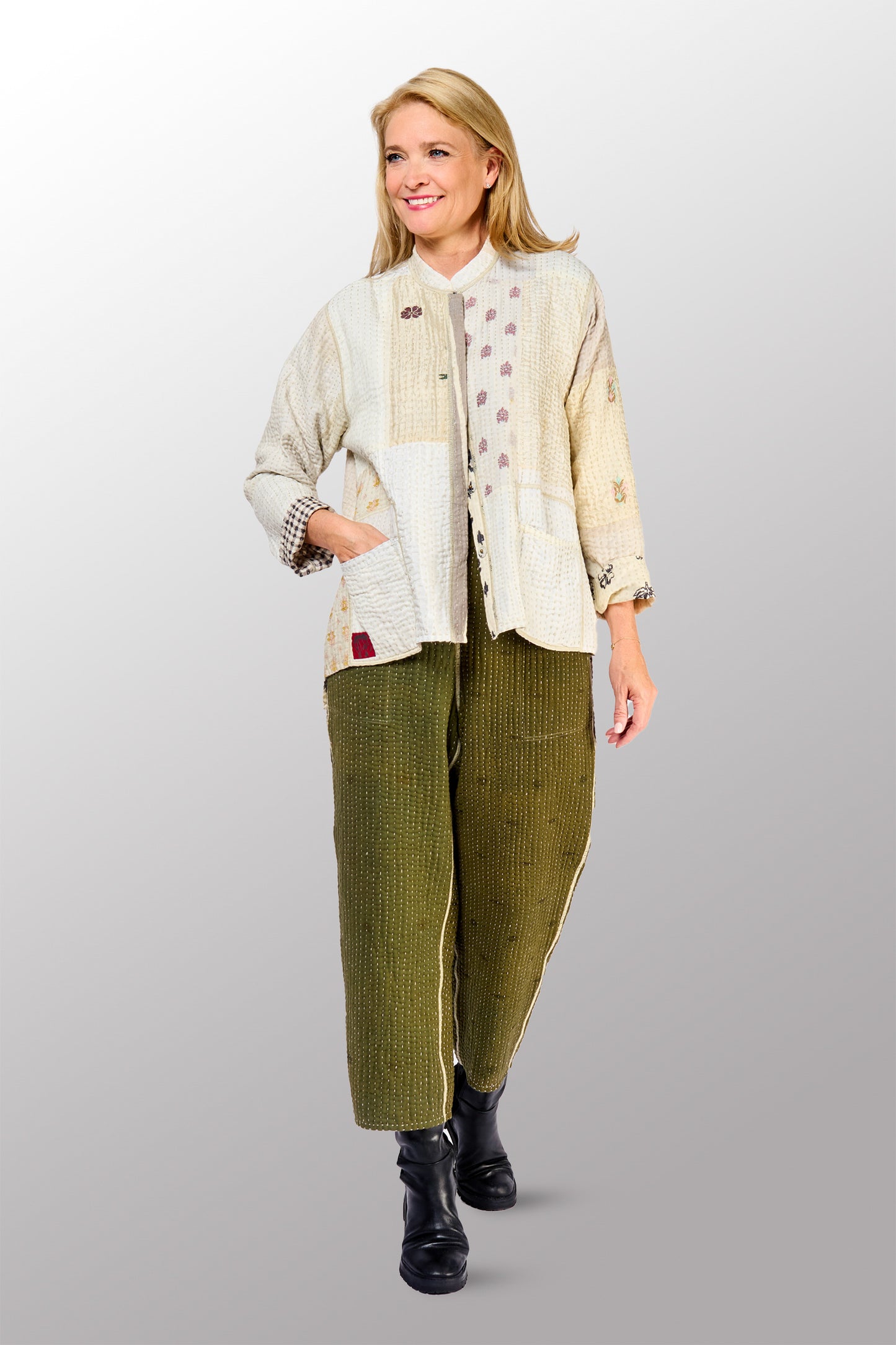 BBK PATCH KANTHA KAFTAN JACKET SHORT - bl-bbp4088-ivy -