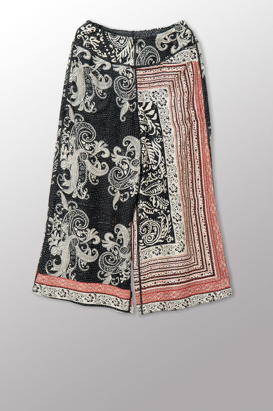 COTTON PAISLEY KANTHA MID RISE WIDE LEG PANTS - cp2665-blk -