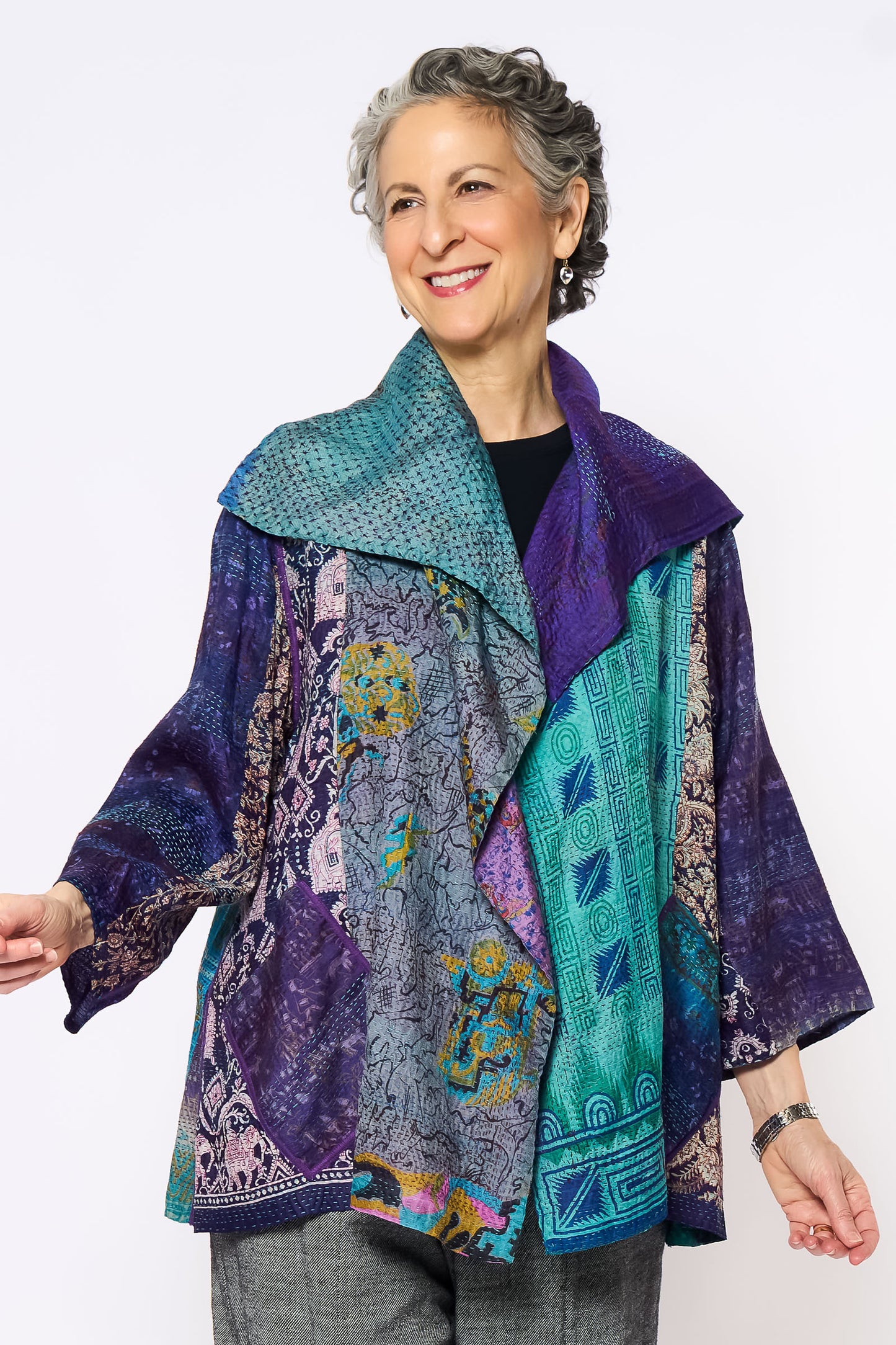 VINTAGE SILK KANTHA FLARE JKT - sv2010-0051a -