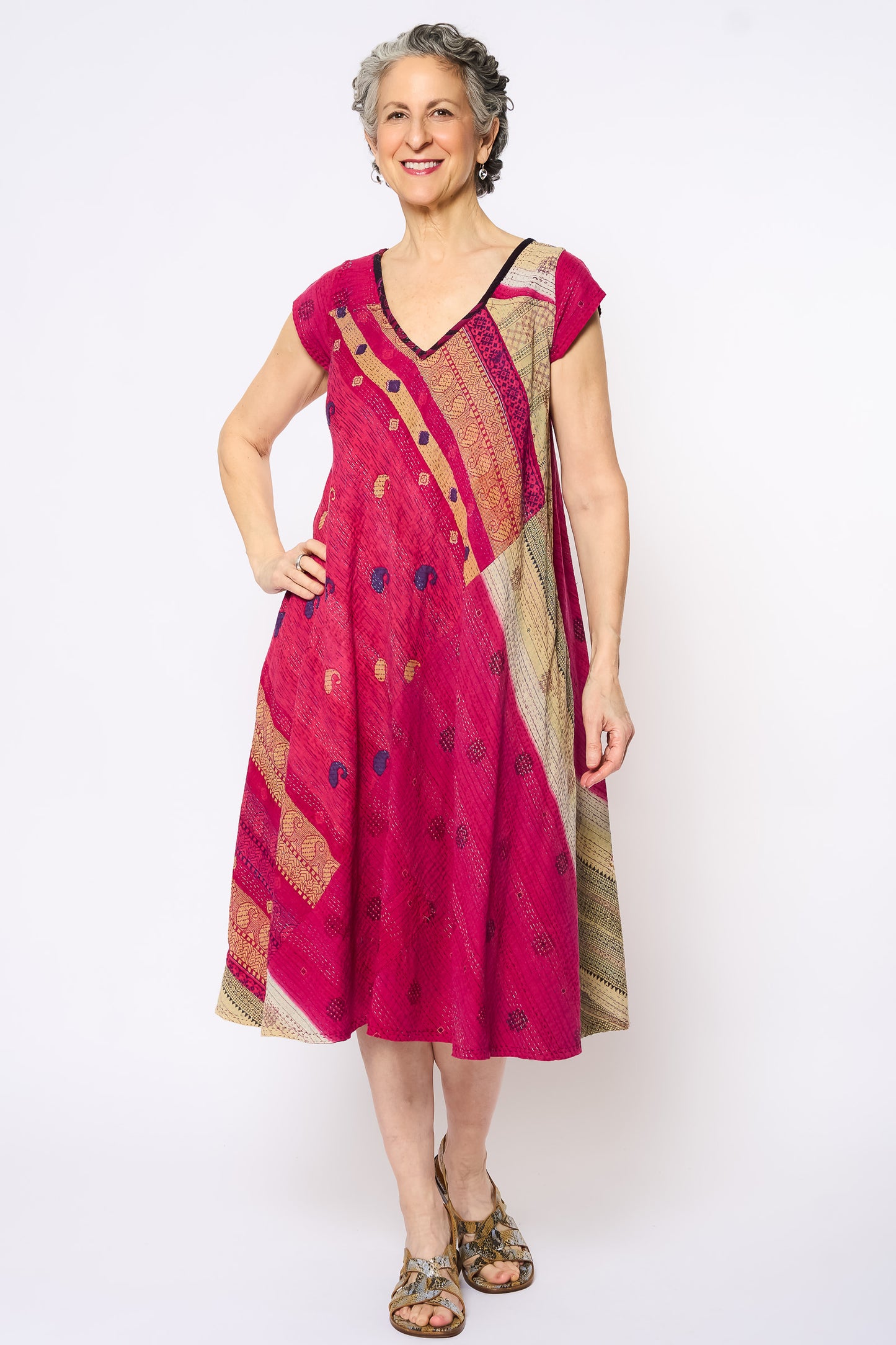 COTTON OVERDYE KANTHA CAP SLV. FLARE DRESS - ov2425-cred001m -