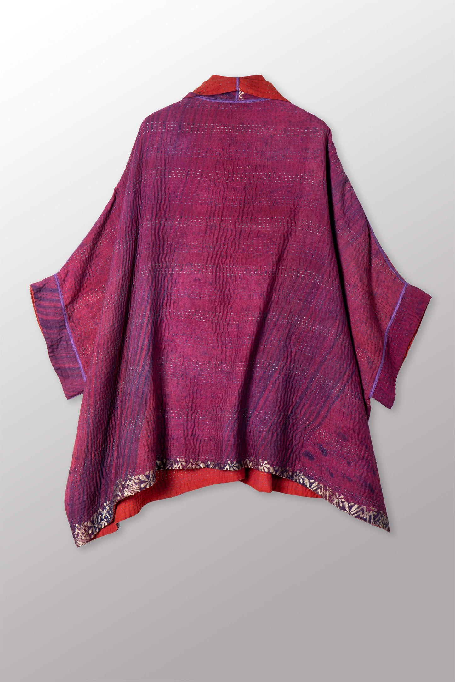 VINTAGE SILK GEORGETTE COTTON KANTHA DOUBLE COLLAR PONCHO - gc4323-0001a -