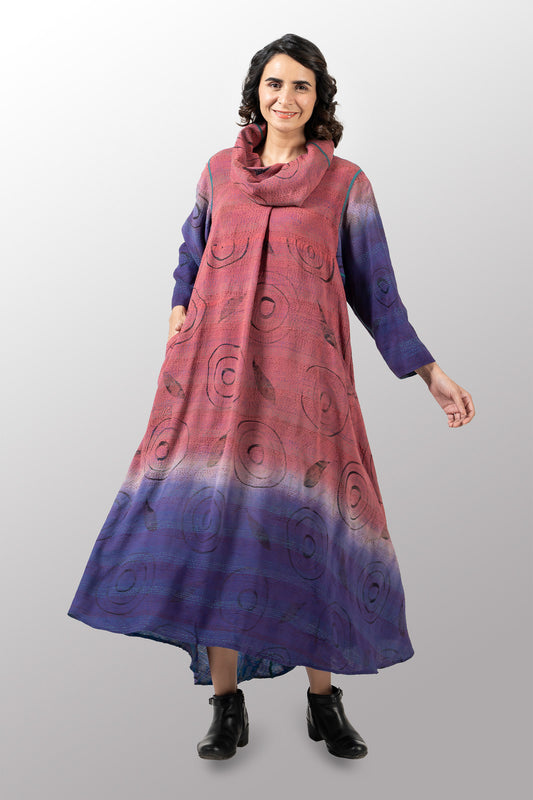 VINTAGE SILK GEORGETTE KANTHA COWL NECK LONG SLEEVE DRESS - sg2450-0003m -