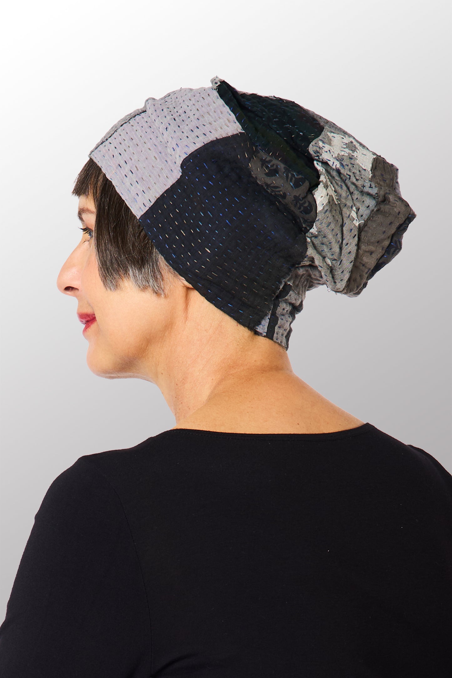 FRAYED PATCH KANTHA PATCHWORK HAT - fi4880-gry -