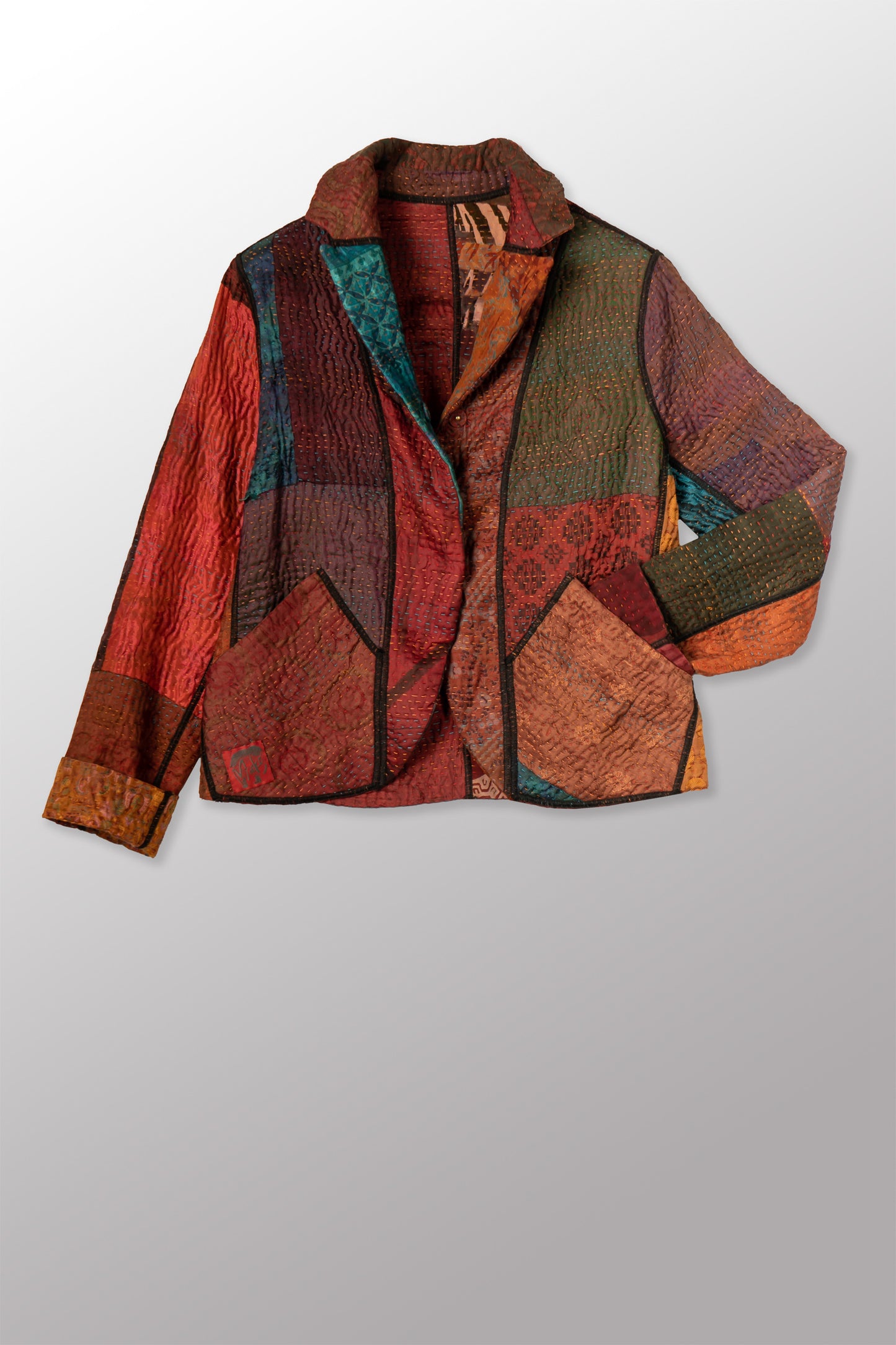JACQUARD SILK KANTHA CROPPED BASIC JACKET - js4096-brn -