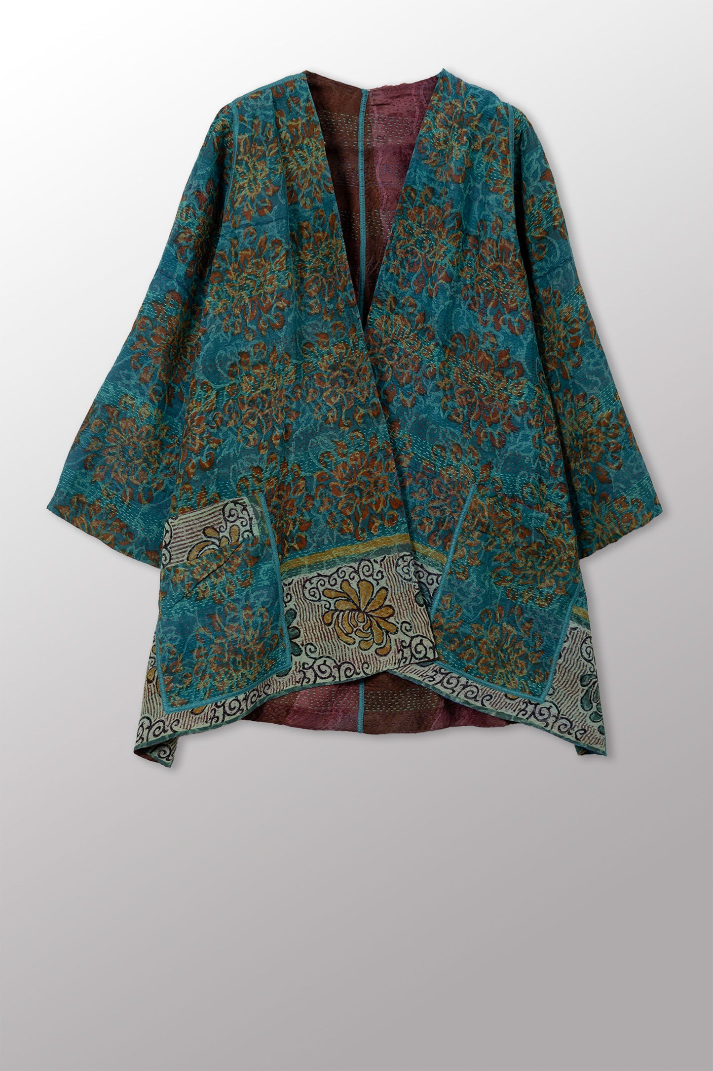 GEORGETTE JACQUARD VINTAGE SILK PATCH KANTHA BELL SHAPE LONG JACKET - gj2051-0001a -