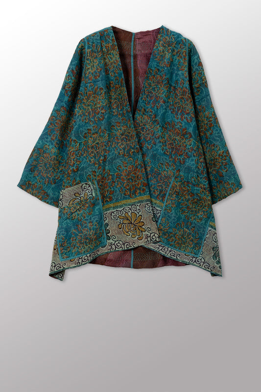 GEORGETTE JACQUARD VINTAGE SILK PATCH KANTHA BELL SHAPE LONG JACKET - gj2051-0001a -
